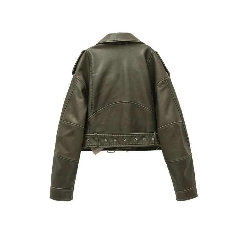 Women Vintage Leather Short Jacket with Belt