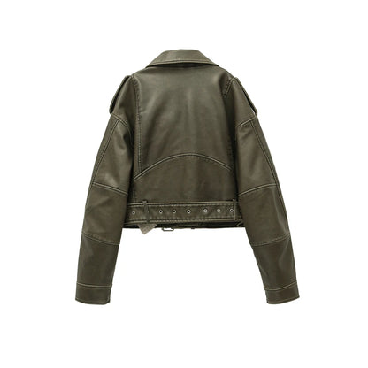 Women Vintage Leather Short Jacket with Belt