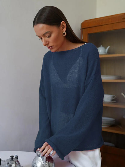 Pullover Women's Solid See-through T-Shirt Loose Casual Pullover