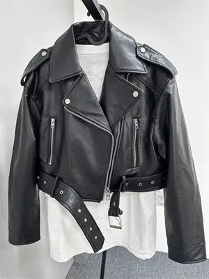 Women Vintage Leather Short Jacket with Belt