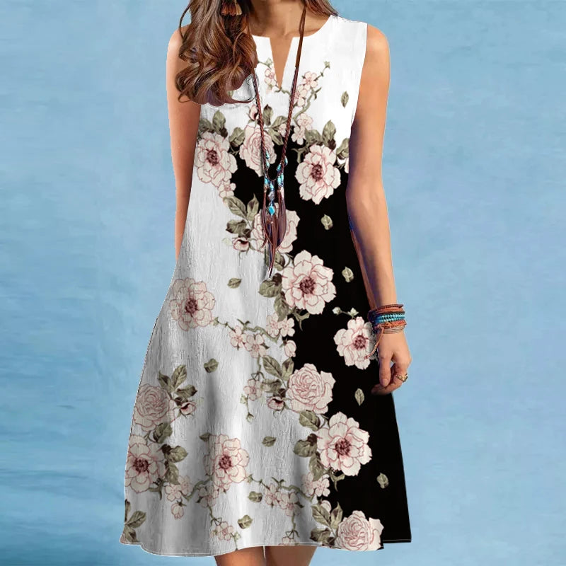 Women's New Dress V-neck Sleeveless Sexy Printed Large Dress