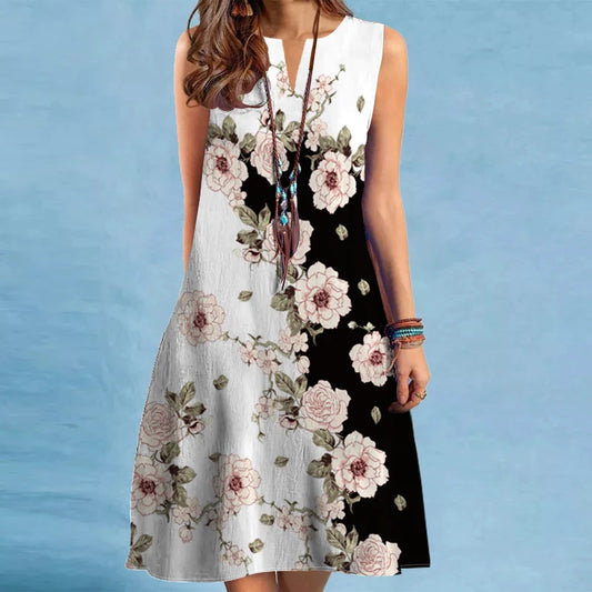 Women's New Dress V-neck Sleeveless Sexy Printed Large Dress