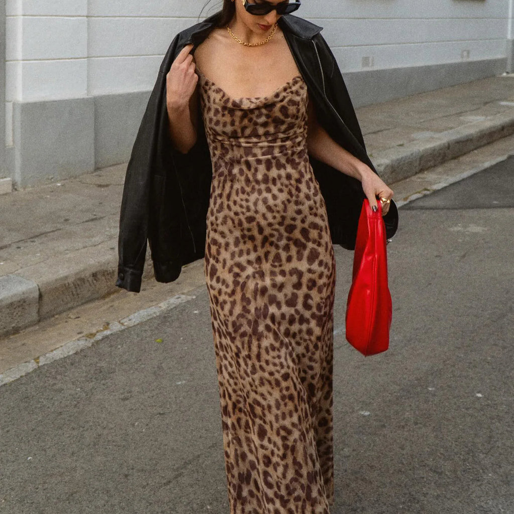 Women's Sexy Vintage Leopard Print Tulle Long Dress
