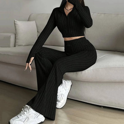 Long Sleeved Short Top and High Waisted Flared Pants Set for Women's Casual Wear