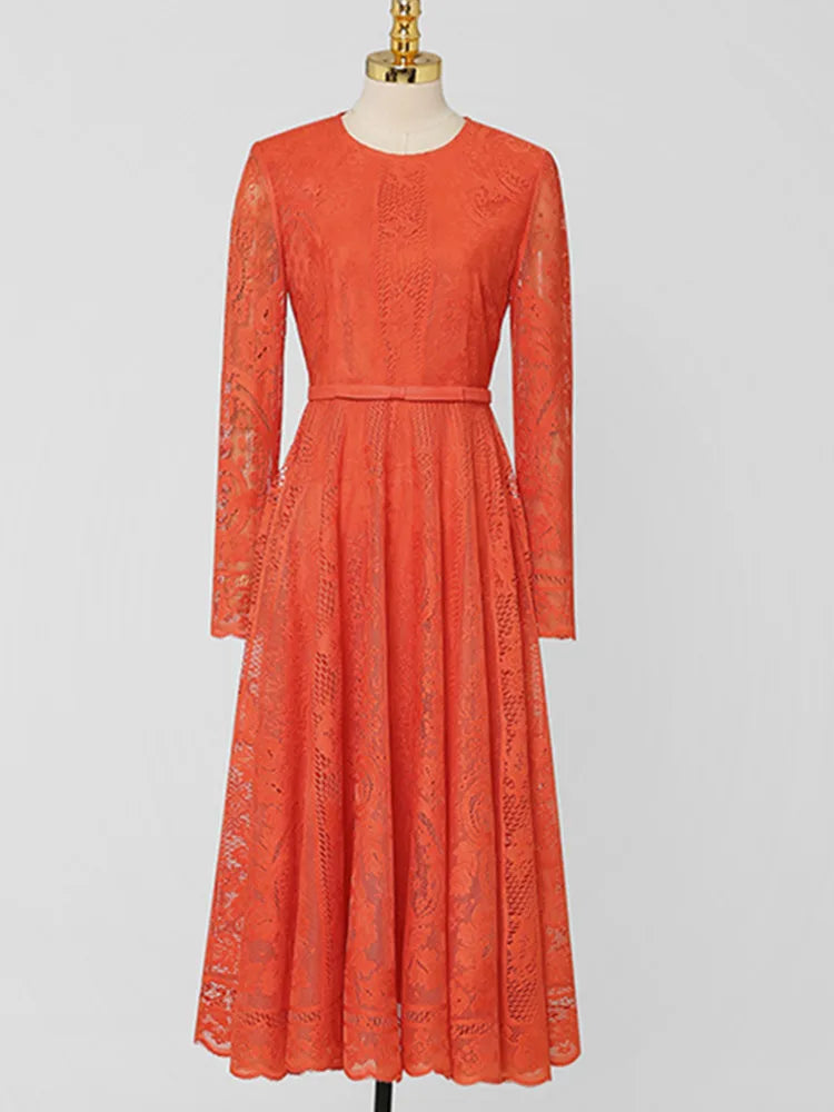 Women New Fashion Temperament Long Sleeve Lace Hollow Out Dress