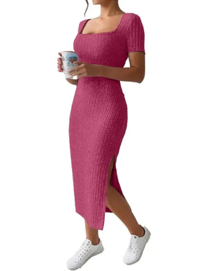 Square Neck Hip-Hugging Mid-Length Skirt, Short-Sleeved