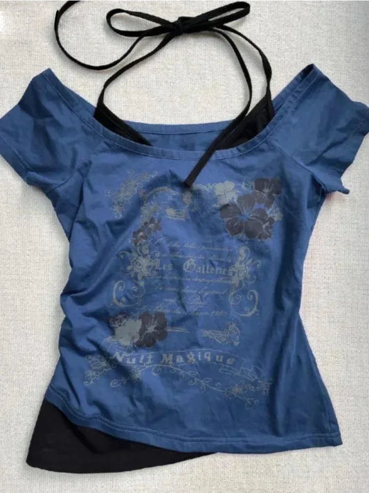 T-shirts Slim Fit Print Tops Women Off Shoulder Short Sleeve T Shirt