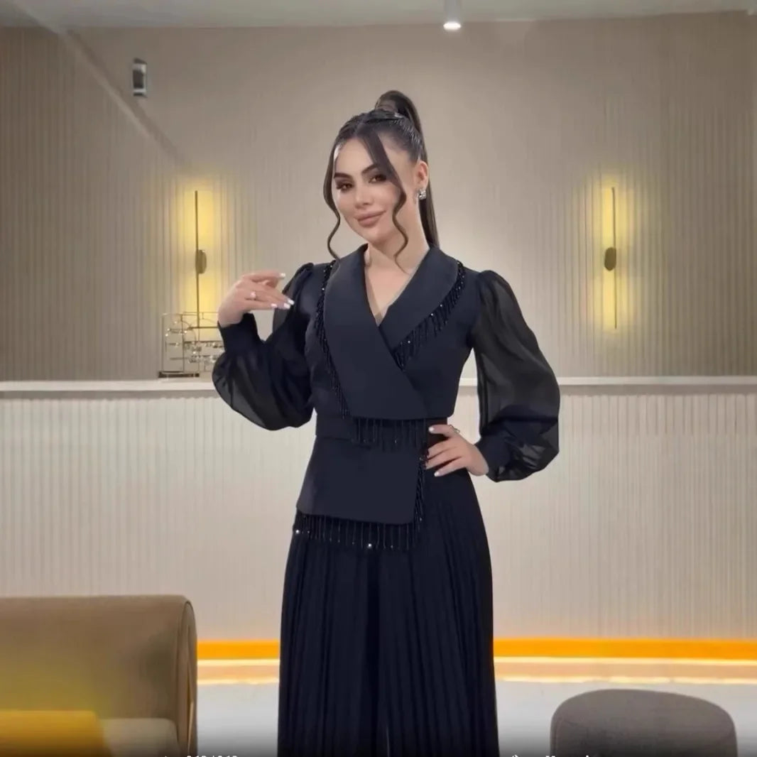 Long Skirt Suit Set with Tassel Lace Pleated Suit Women