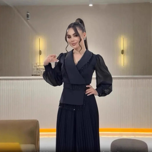 Long Skirt Suit Set with Tassel Lace Pleated Suit Women