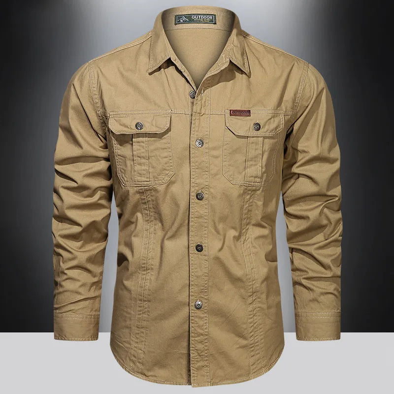 Spring Cotton Cargo Shirt for Men Long Sleeve Multi-Pocket Shirts