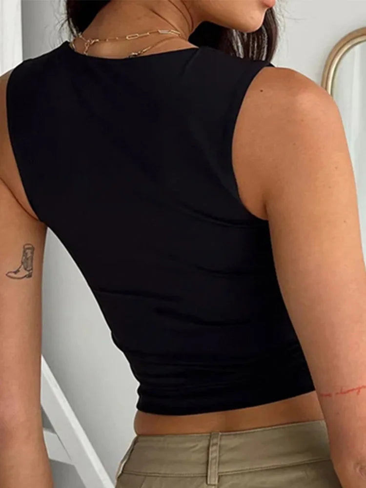 Sleeveless  Collar Crop Top Women  Black T Shirts Sexy