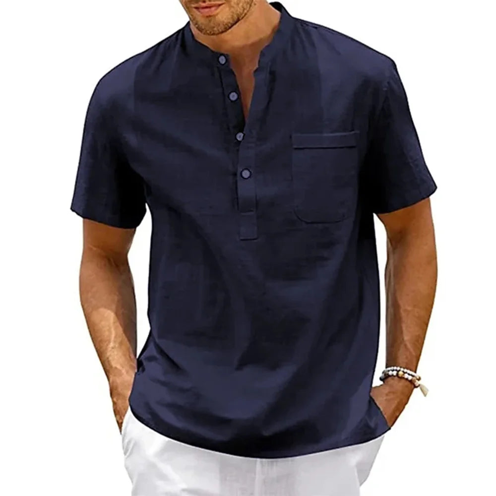 Cotton Shirt Men Neck Pocket Casual Beach Short T-shirts Vintage Streetwear