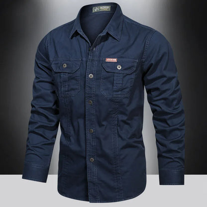 Spring Cotton Cargo Shirt for Men Long Sleeve Multi-Pocket Shirts