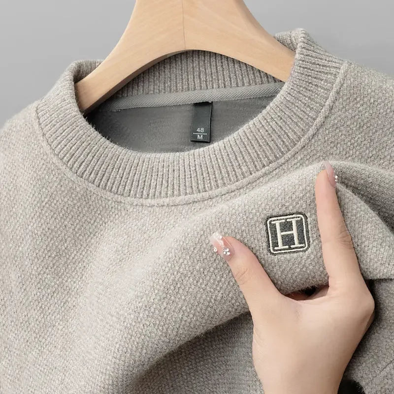 Men's Warm Fleece Sweater O-Neck Embroidered Casual Knitted Inner