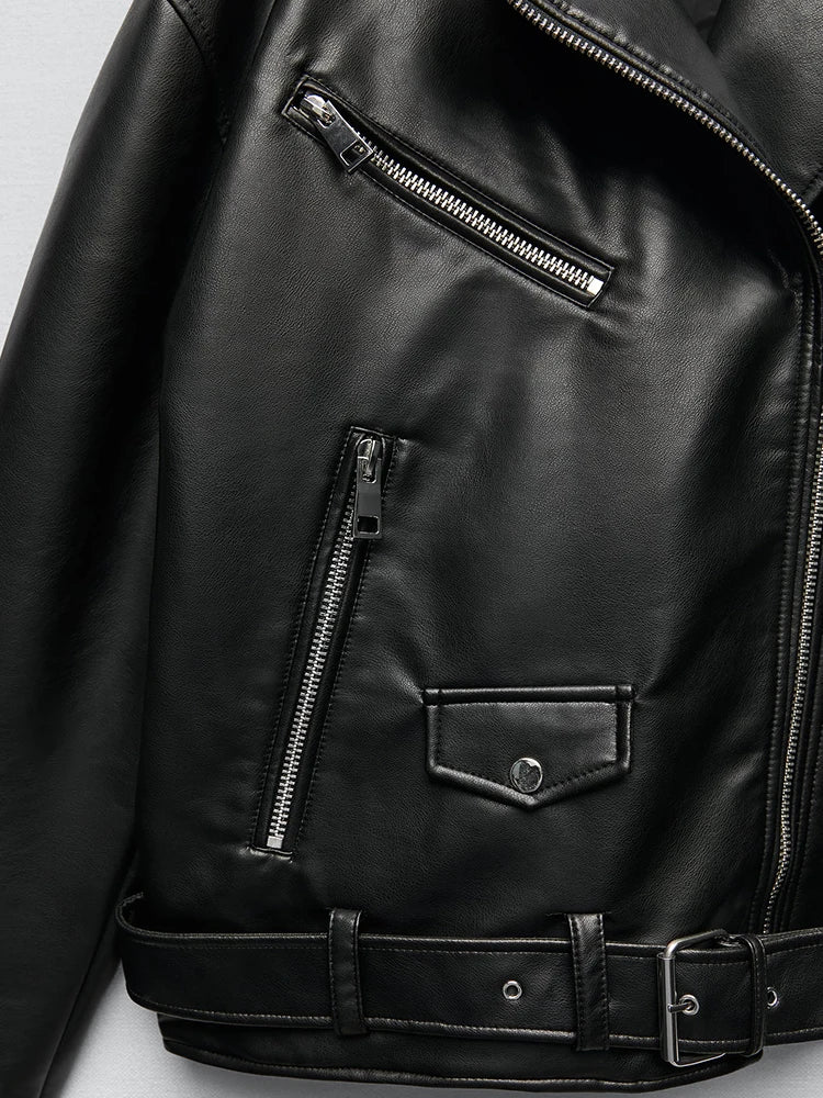 Women Loose Motorcycle Biker Black Leather Jacket with Belt