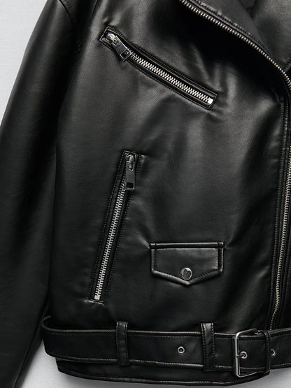 Women Loose Motorcycle Biker Black Leather Jacket with Belt