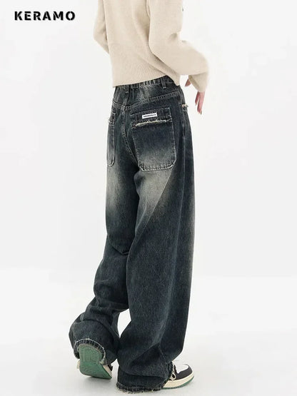 Streetwear Women High Waist Jeans Loose Wide Leg Straight Loose Denim Trousers