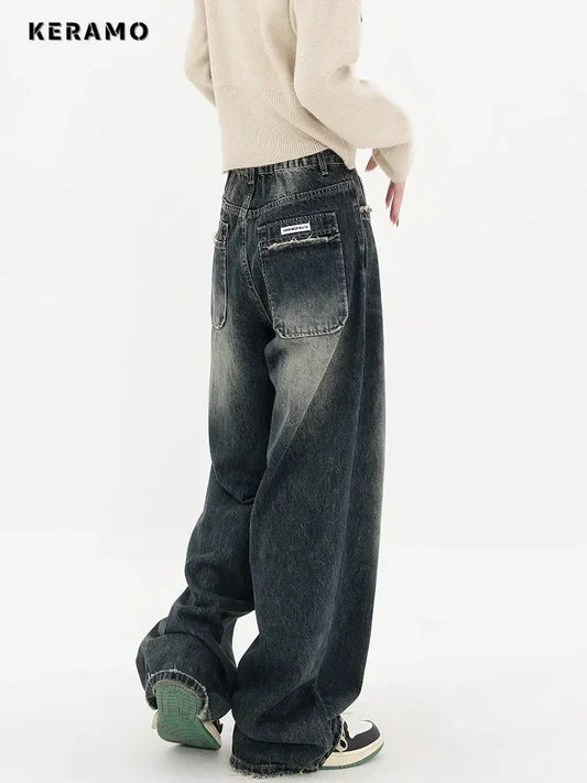 Streetwear Women High Waist Jeans Loose Wide Leg Straight Loose Denim Trousers