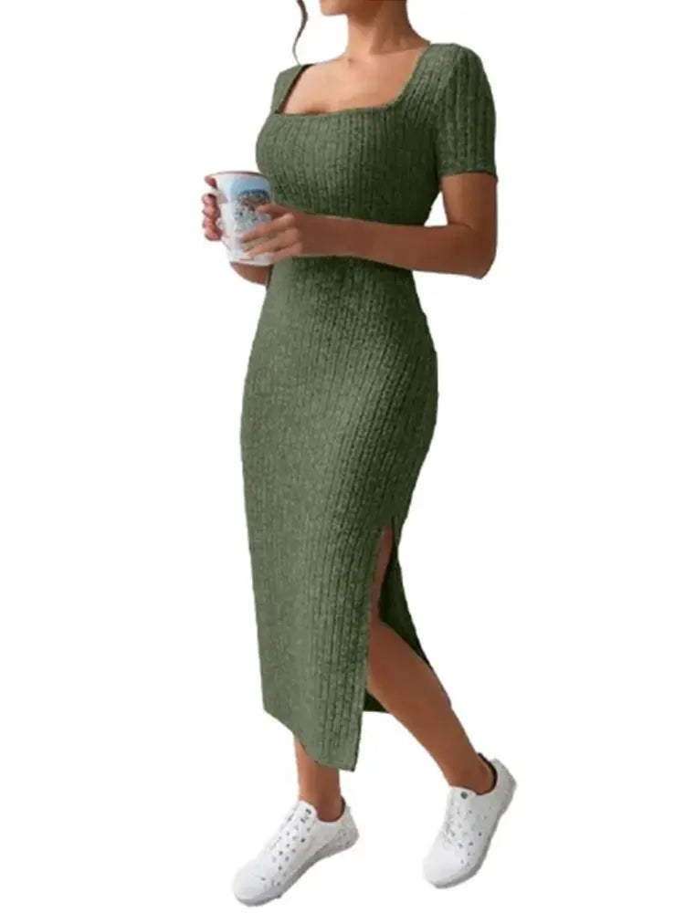Square Neck Hip-Hugging Mid-Length Skirt, Short-Sleeved