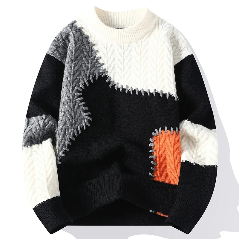 Men Sweater Patchwork Casual Knit Pullovers