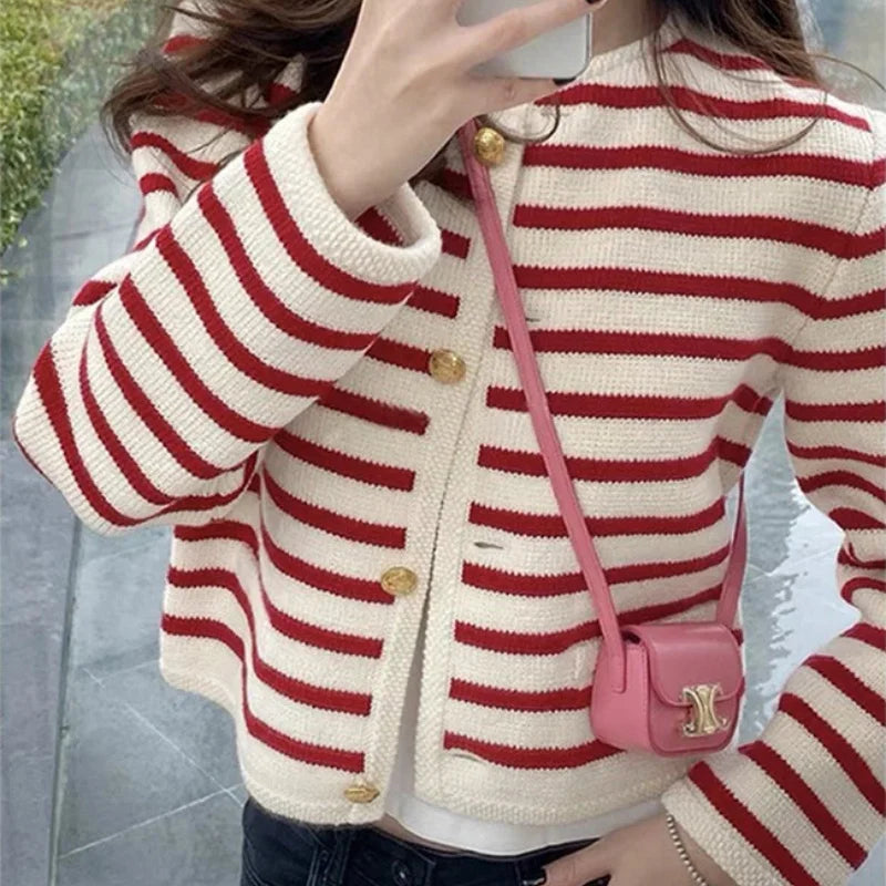 Women's winter single -row metal buckle pocket sweater cardigans