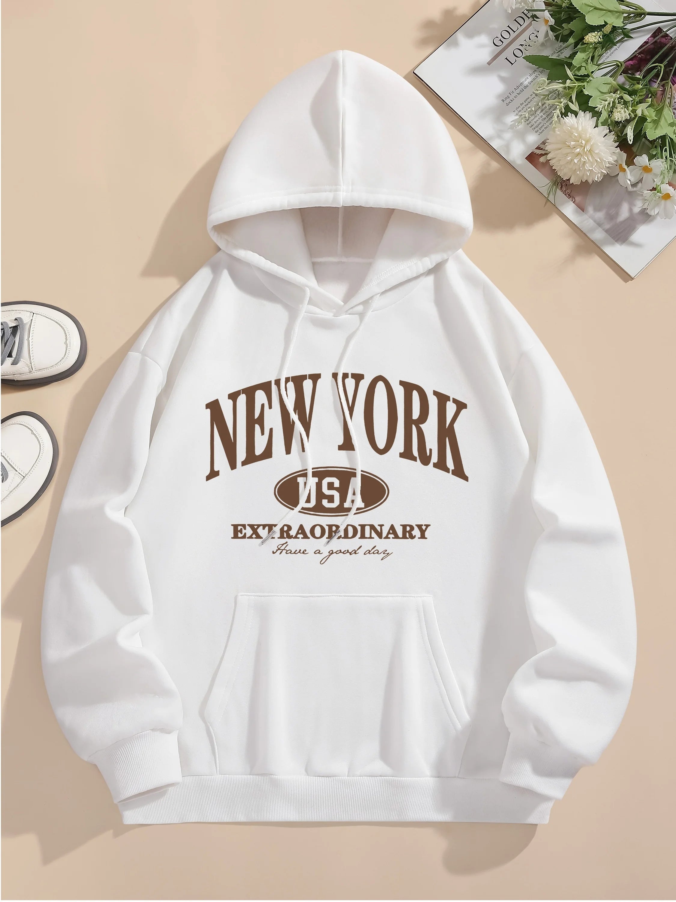 Letter Print Hoodie Casual Hooded Sweatshirt For Winter & Fall, Women's Clothing