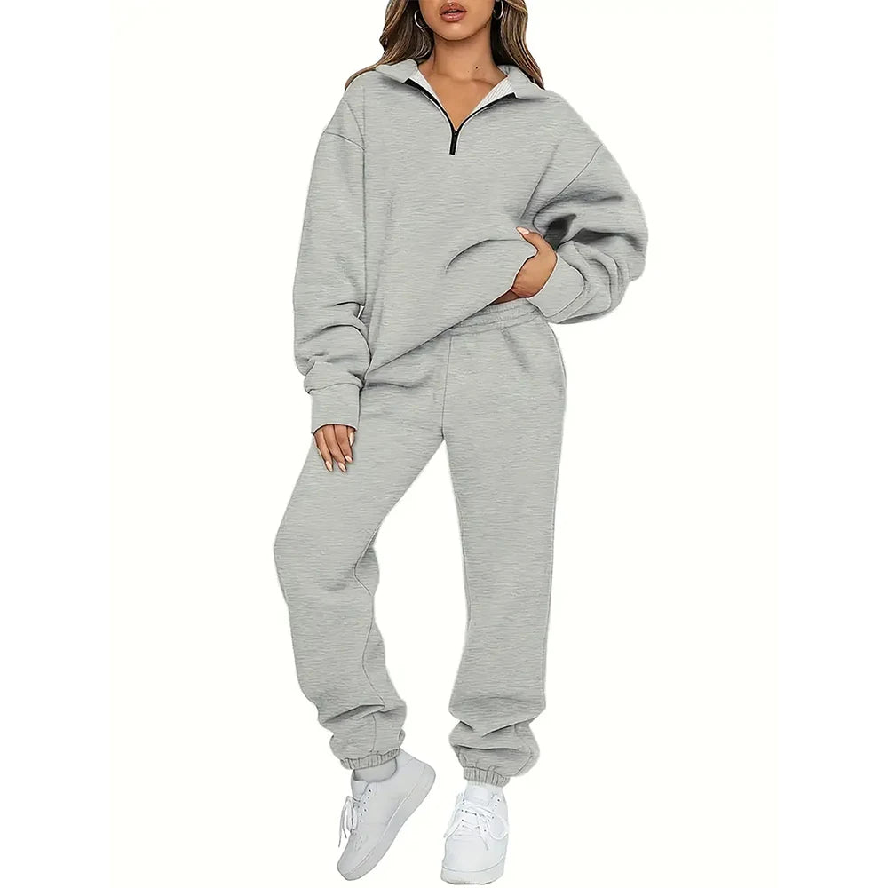 Women Pockets Down Collar Zipper Long Sleeve Pullover Sweatshirt