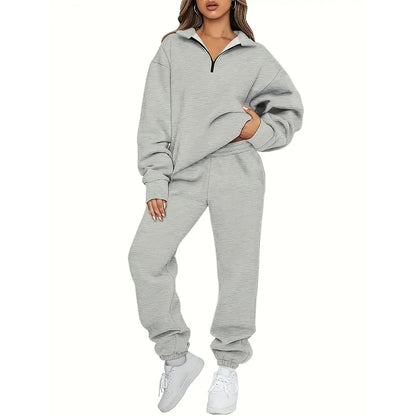 Women Pockets Down Collar Zipper Long Sleeve Pullover Sweatshirt