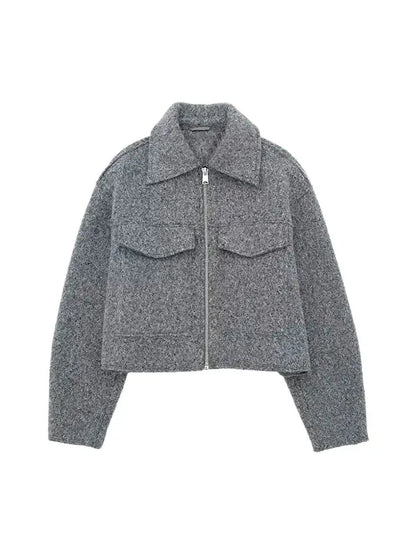 Women Fashion Patch Pockets With Flaps Cropped Jacket Coat