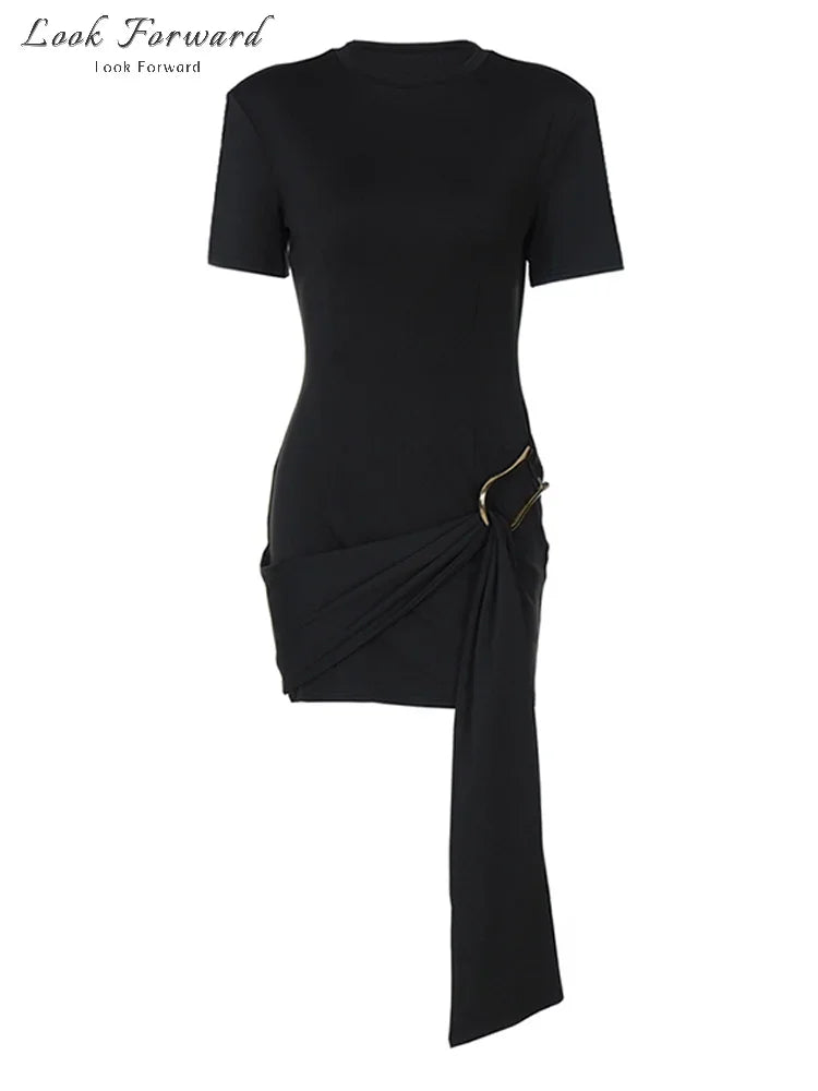 Woman Ribbons Slim O-neck Short Sleeve Above Knee Dresses