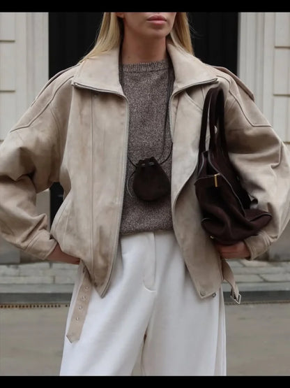 Casual Coat Vintage Lapel Solid Zipper Short Jacket