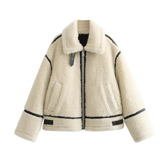 New Women's European and American Style Artificial Fur Effect Motorcycle Jacket Coat