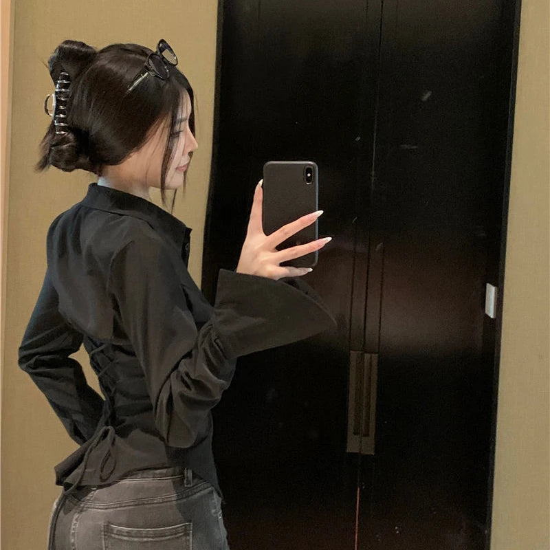 Women Bandage Shirts Korean All Match Streetwear Female Slim Blouse