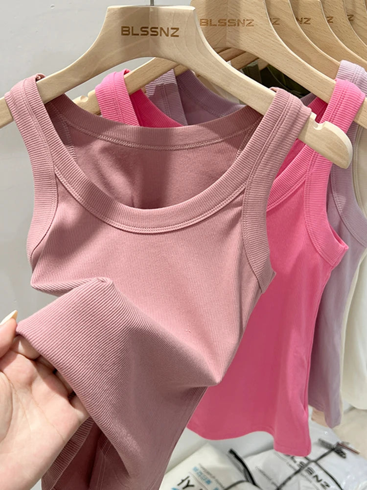 Women 2025 Summer Basic Elastic Tank Top O Neck Solid Top