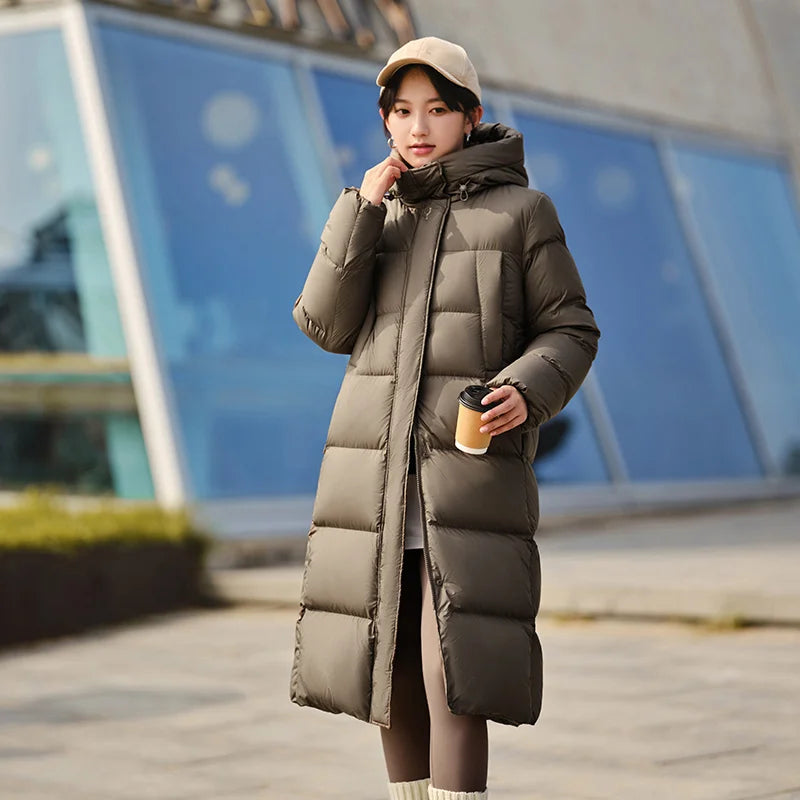 Women Long Length Loose Hooded Coat Simple Down Jacket