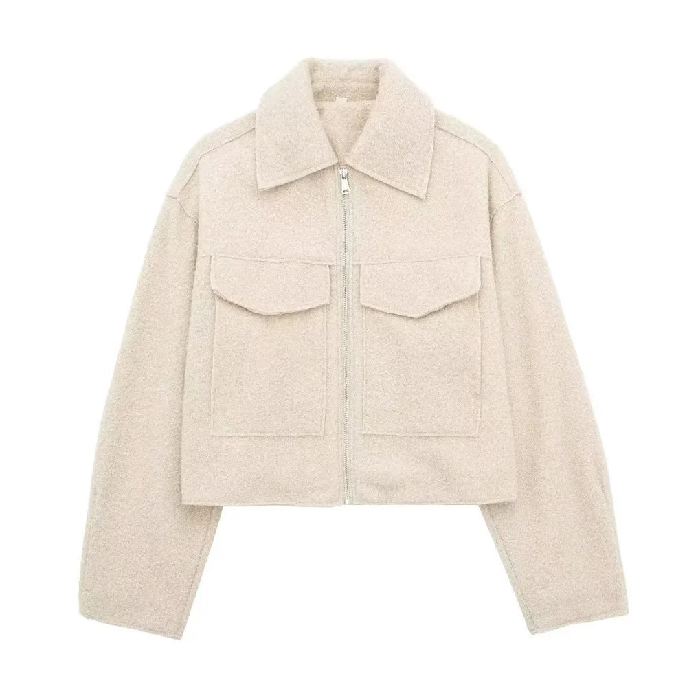 Women Fashion Patch Pockets With Flaps Cropped Jacket Coat