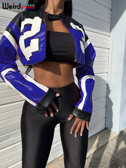 Leather Varsity Jacket Women Hipster Letter Print Streetwear Uniform