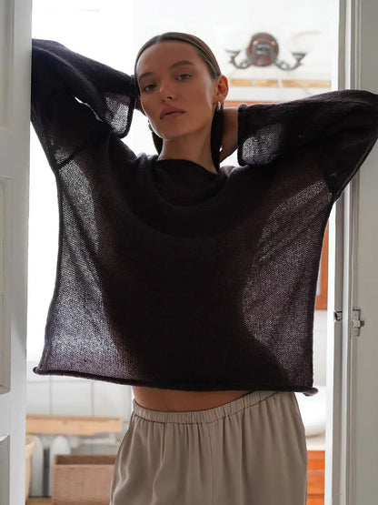 Pullover Women's Solid See-through T-Shirt Loose Casual Pullover