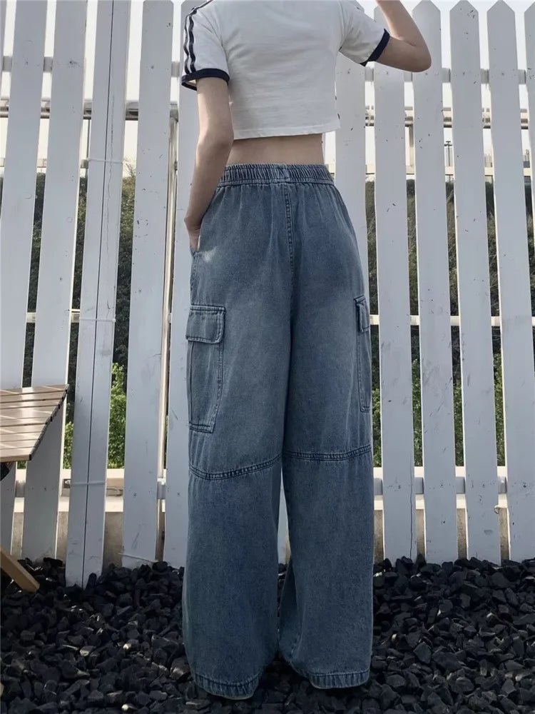 Straight Leg Jeans For Female Loose And Multi Pocket Wide Leg Pants