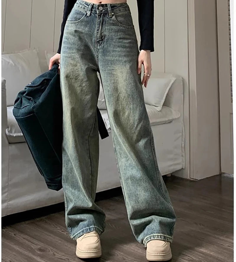 Retro Washed Vintage Jeans For Women Loose Wide Leg Pants Casual Pants