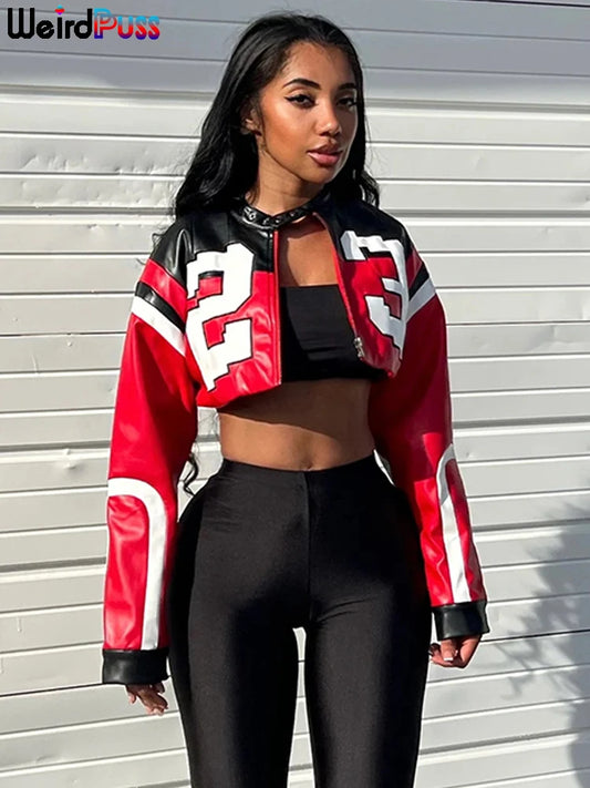 Leather Varsity Jacket Women Hipster Letter Print Streetwear Uniform