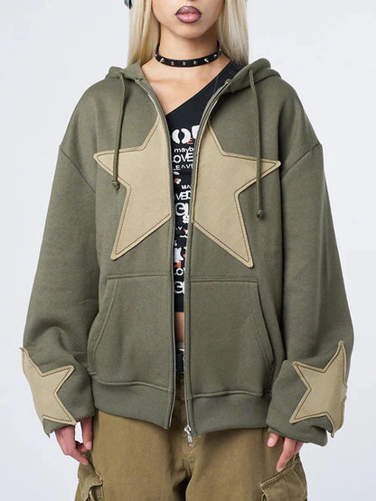 Vintage Star Print Hooded Hoodie for Women Casual Loose Long Sleeve Zip Up