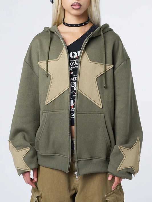 Vintage Star Print Hooded Hoodie for Women Casual Loose Long Sleeve Zip Up