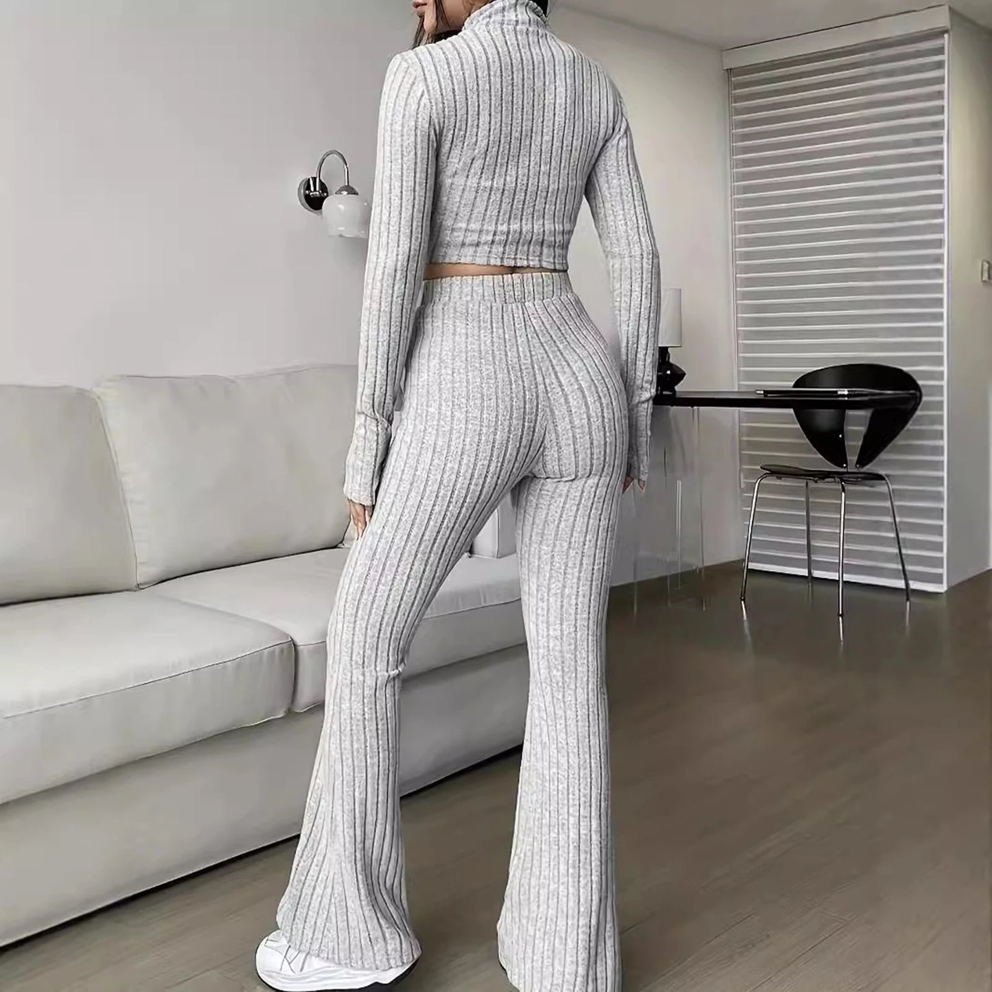 Long Sleeved Short Top and High Waisted Flared Pants Set for Women's Casual Wear