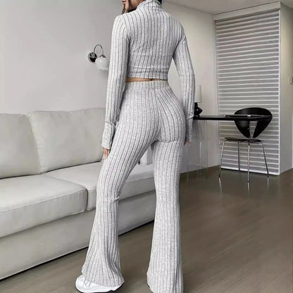 Long Sleeved Short Top and High Waisted Flared Pants Set for Women's Casual Wear
