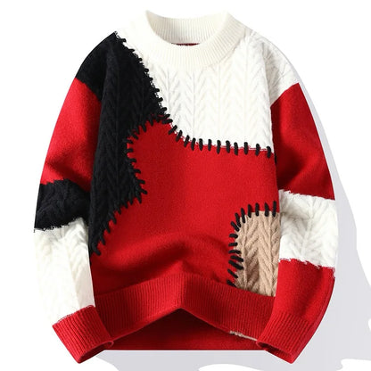Men Sweater Patchwork Casual Knit Pullovers