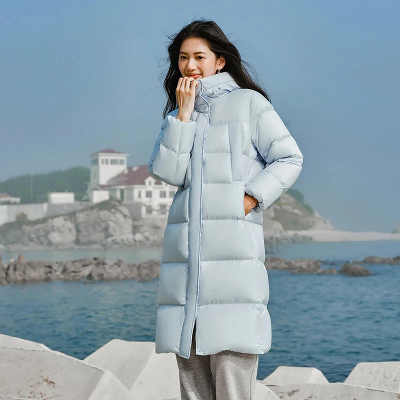 Women Long Length Loose Hooded Coat Simple Down Jacket