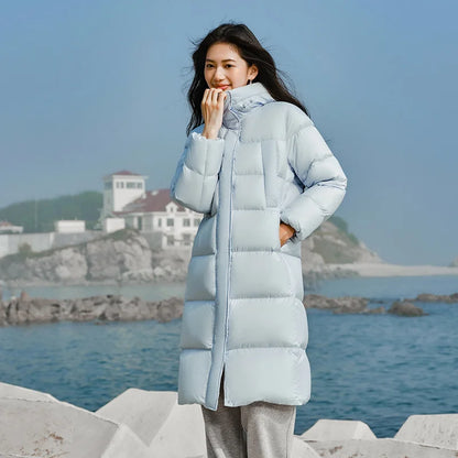 Women Long Length Loose Hooded Coat Simple Down Jacket