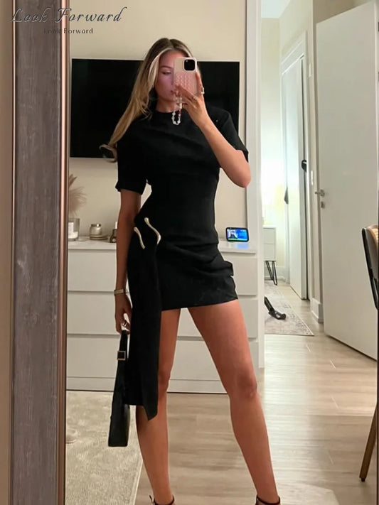 Woman Ribbons Slim O-neck Short Sleeve Above Knee Dresses