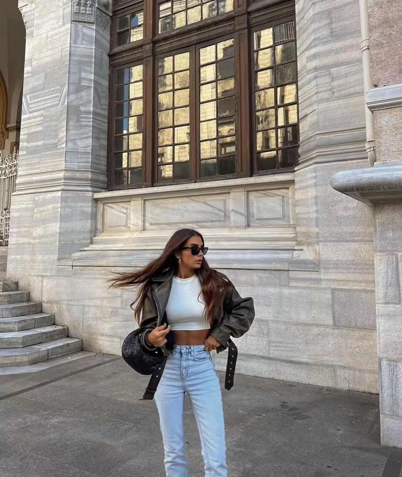 Women Vintage Leather Short Jacket with Belt